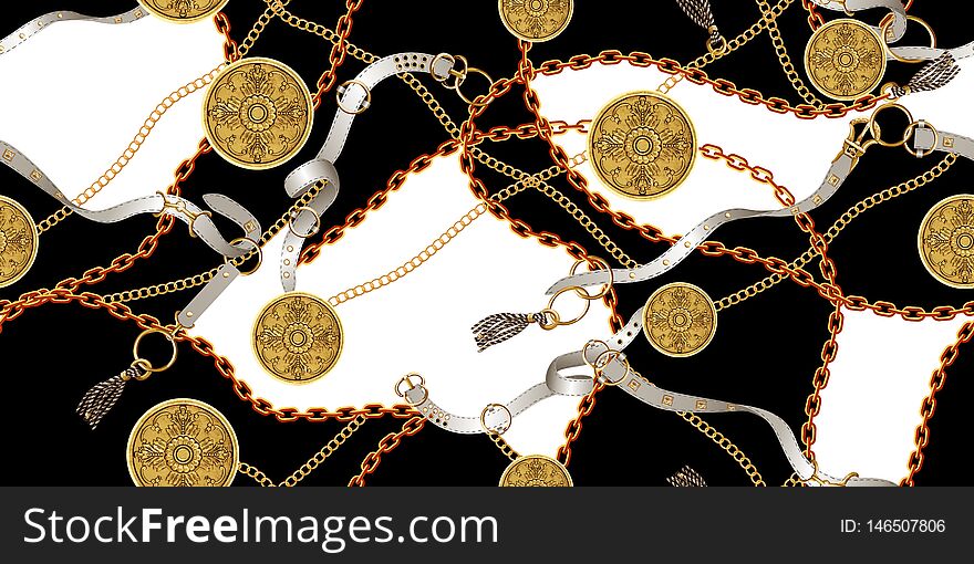 Trendy seamless pattern with golden chains and belts, patch for print, fabric, textile design on red and white background. Trendy seamless pattern with golden chains and belts, patch for print, fabric, textile design on red and white background.