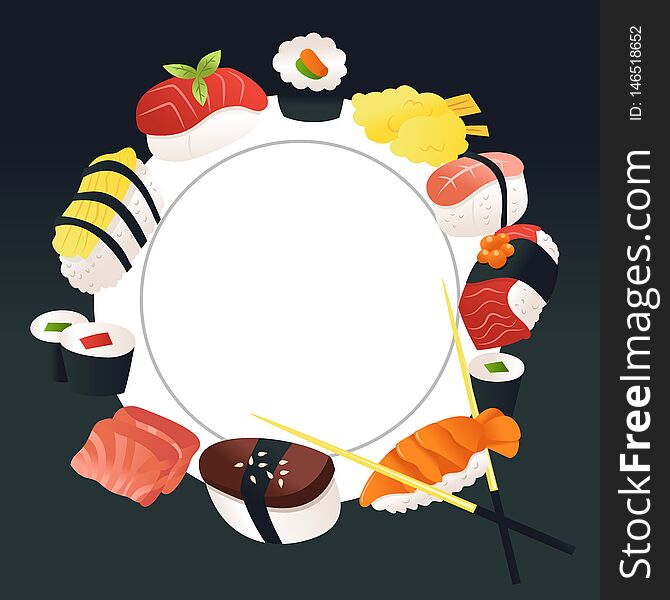 A cartoon vector illustration of sushi and sashimi around a white plate copy space background. A cartoon vector illustration of sushi and sashimi around a white plate copy space background