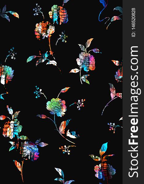 Seamless colorful flower pattern with black background