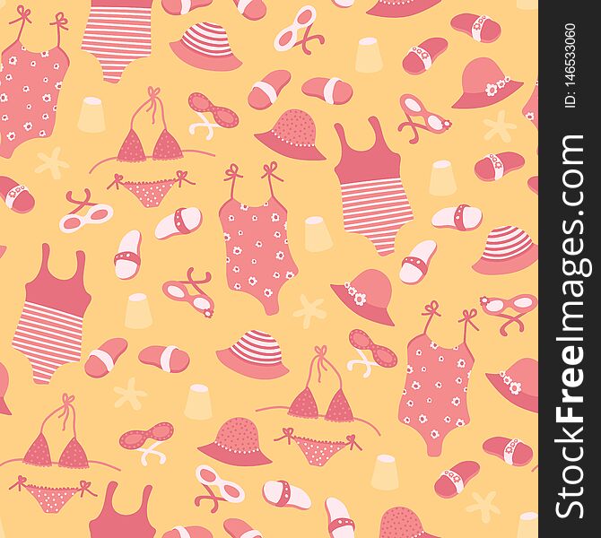 Vector summer fashion seamless pattern with girl beach accessories. Cute travel background with sunglasses, hats