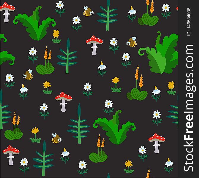 Vector seamless pattern with summer flowers, herbs and mushrooms isolated on dark background. Hand drawn color texture with natural elements