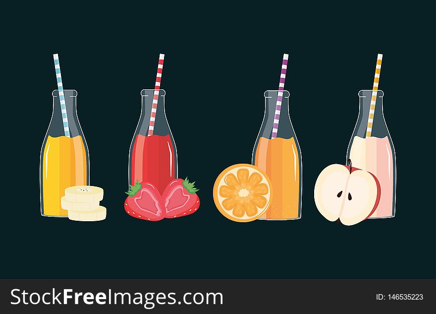 Fresh and tropical juices fruits in botttles with straws vector illustration design