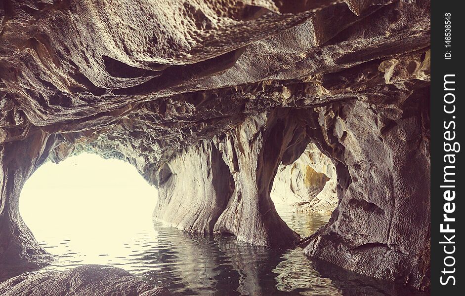 Unusual marble caves on the lake of General Carrera, Patagonia, Chile. Carretera Austral trip.