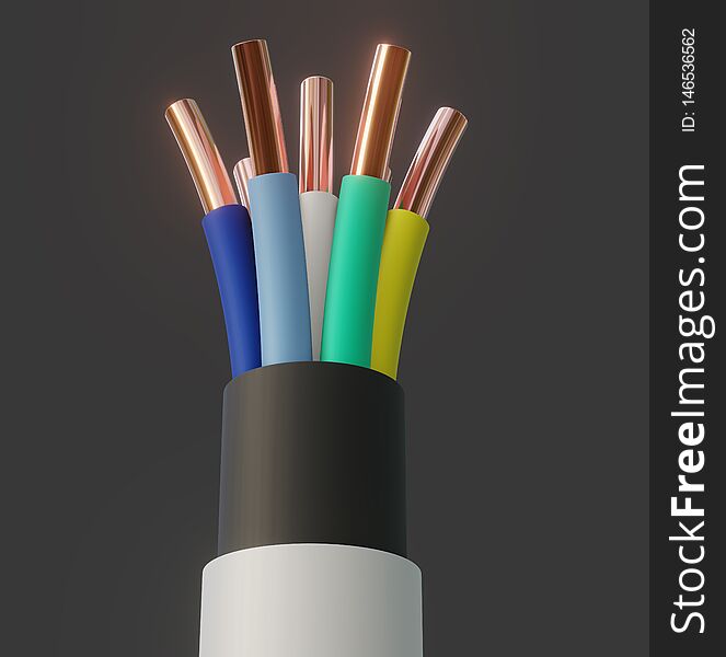 Seven-wire cable, different colors. Gray background. Glow effect. 3D illustration. Seven-wire cable, different colors. Gray background. Glow effect. 3D illustration