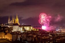 Fireworks Over The Old Town Of Prague, Czech Republic. New Year Fireworks In Prague, Czechia. Prague Fireworks During New Year Stock Images