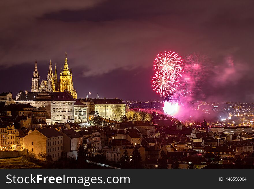 Fireworks Over The Old Town Of Prague, Czech Republic. New Year Fireworks In Prague, Czechia. Prague Fireworks During New Year