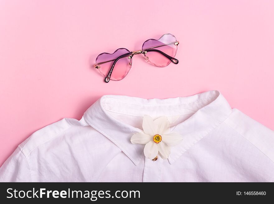 Stylish Summer And Spring Women`s Clothes From The Wardrobe - Shirt And Sunglasses