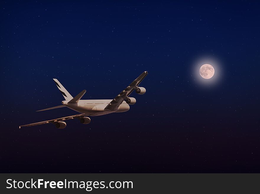 A plane flying in beautiful moonlight