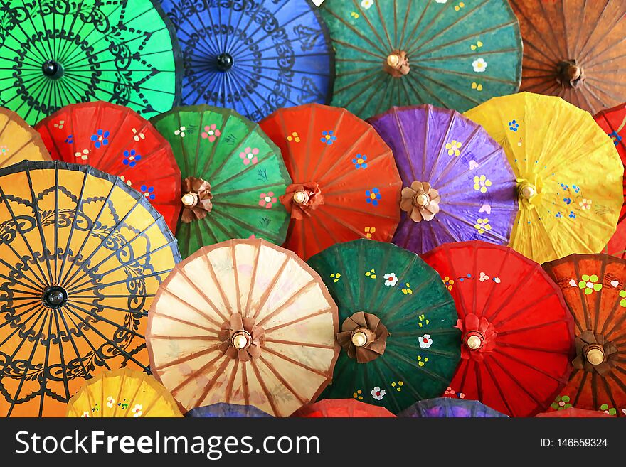 Handmade umbrellas made in a manufactory in Myanmar. Handmade umbrellas made in a manufactory in Myanmar