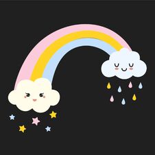 Happy Smiling Cute Rainy And Stars Clouds With A Rainbow Between, Vector Illustration Stock Photos Happy Smiling Cute Rainy And Stars Clouds With A Rainbow Between, Vector Illustration Stock Photos