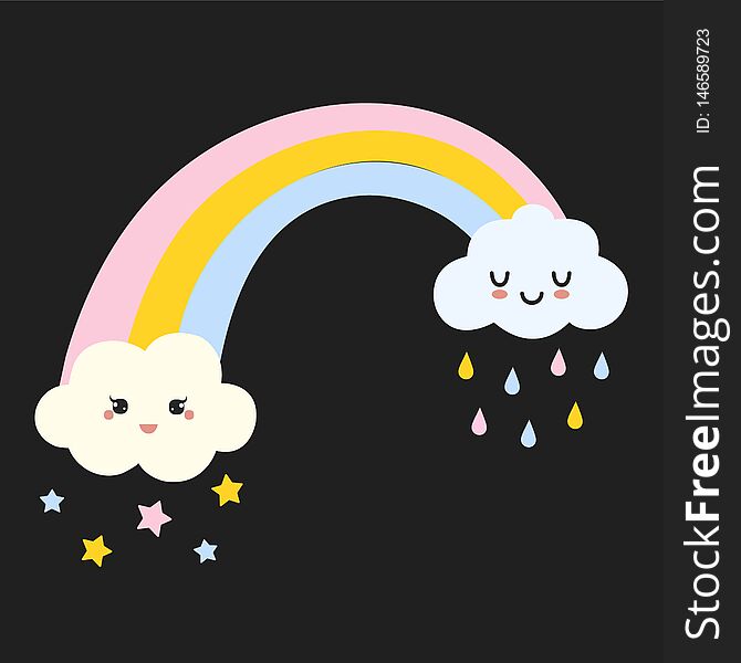 Happy smiling cute rainy and stars clouds with a rainbow between, vector illustration