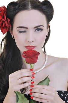 Young Woman With Rose Flower Isolated On White Stock Image