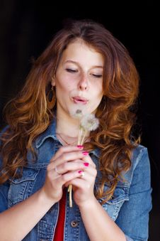 Girl Blowing On Two Dandelions Royalty Free Stock Photos Girl Blowing On Two Dandelions Royalty Free Stock Photos