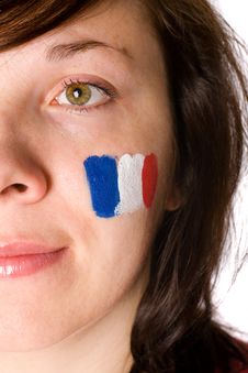French Fan, Half Face Portrait With Flag On Cheek Royalty Free Stock Photography French Fan, Half Face Portrait With Flag On Cheek Royalty Free Stock Photography