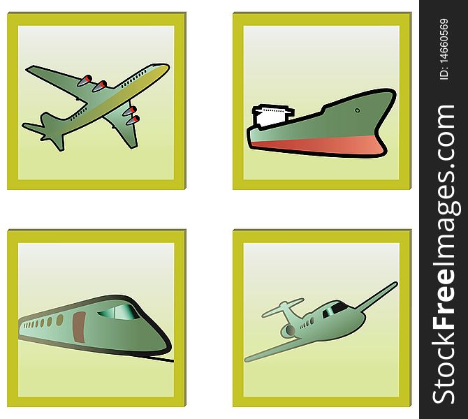 Transport icons set with plains, train and ship. Transport icons set with plains, train and ship.