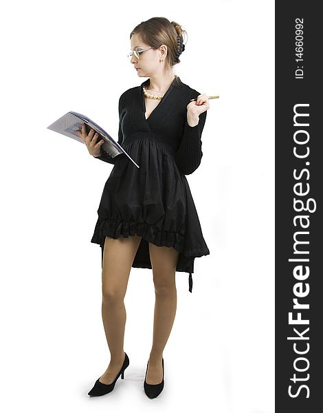Teacher or Businesswoman a black dress.  White background.