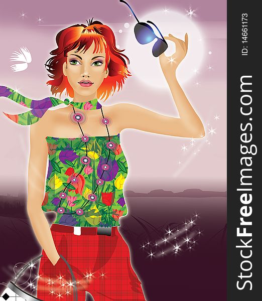 fashion girl with red hair against the evening sunset