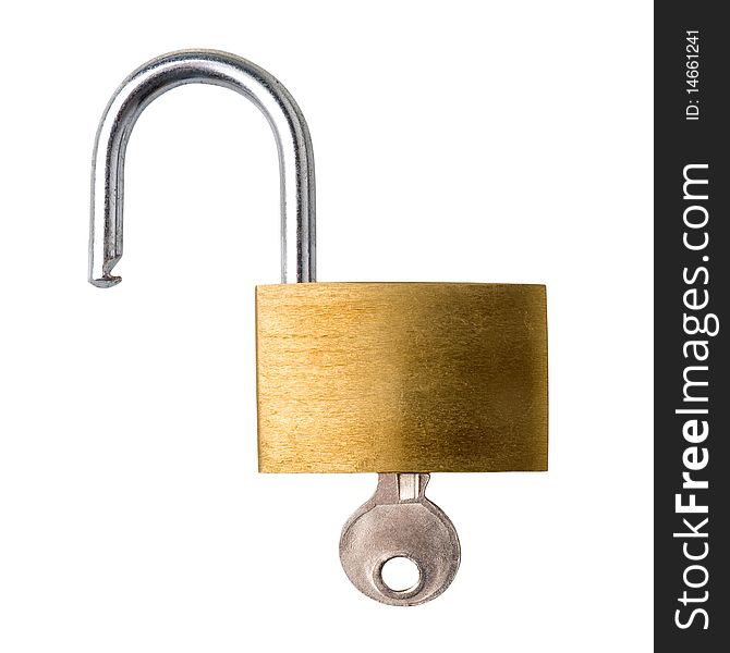 Open padlock with key, white background, clipping path. Open padlock with key, white background, clipping path.