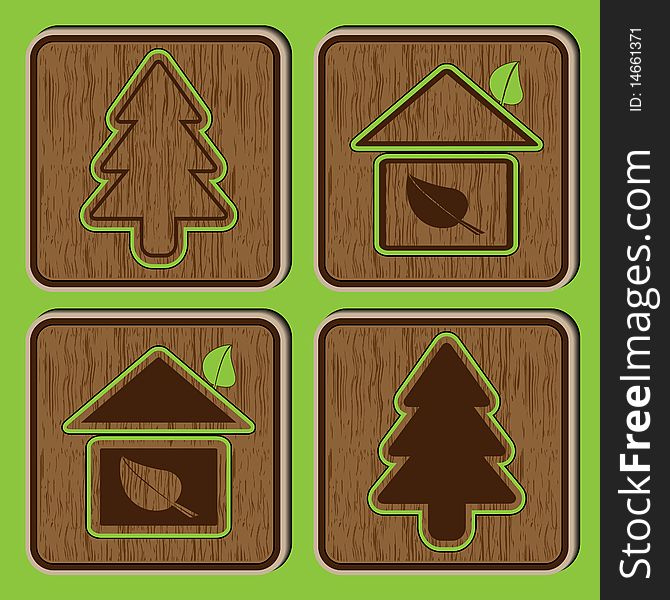 Illustration with the image of wooden buttons with icons on an ecological theme. Illustration with the image of wooden buttons with icons on an ecological theme.