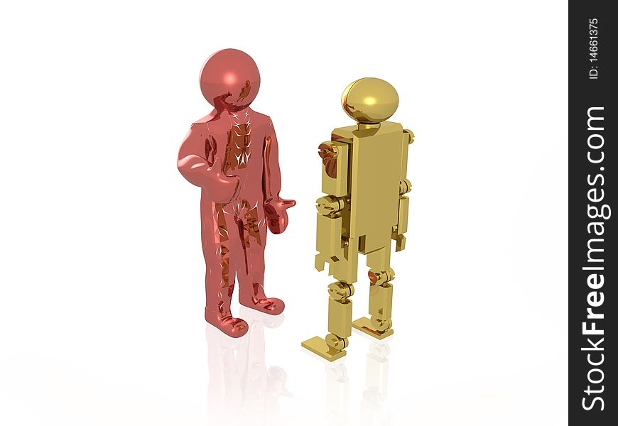 Red man and gold robot on white reflective background. Red man and gold robot on white reflective background.