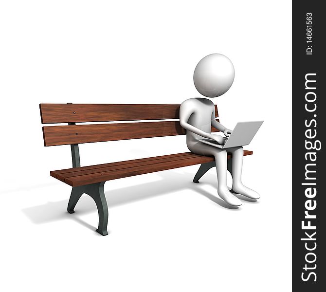 Men sitting on the bench with a white laptop. 3D graphics.