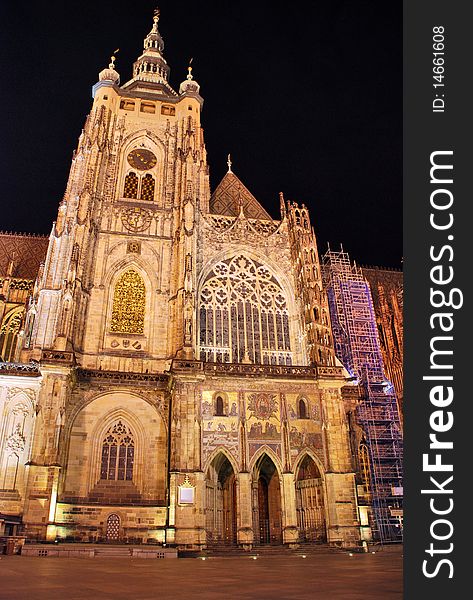 View of the Cathedral St.Vitus by night in old town in Prague. Czech republic.