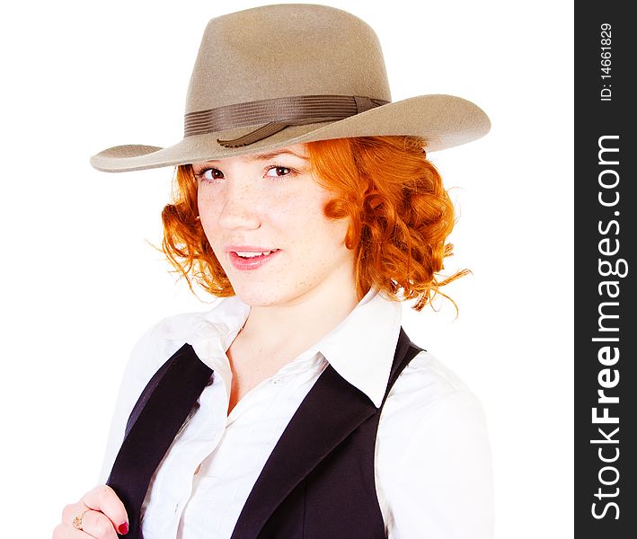 Redhead girl in hat isolated on white