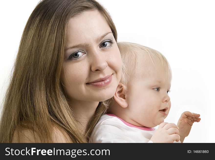 Young and beautiful mother with her little daughter isolated on white. Young and beautiful mother with her little daughter isolated on white.