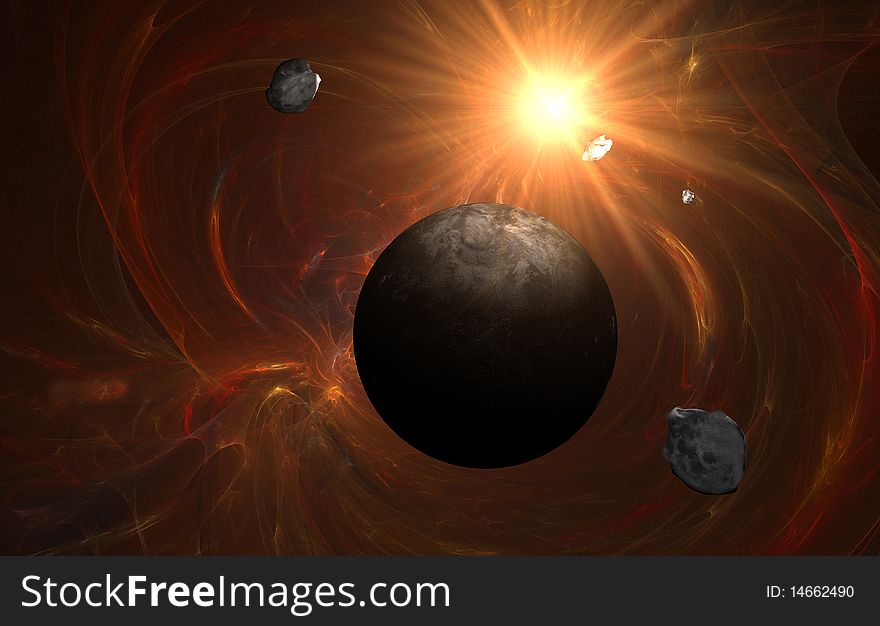 Red sun with death planet with asteroids. Red sun with death planet with asteroids