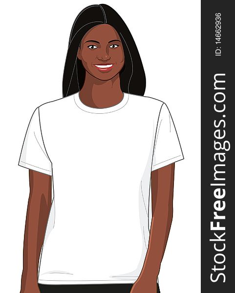 Clean and professional women's t-shirt template optimized for easy placement of logo and/or design in open white space. CLIPPING path included. African-American female model version. Clean and professional women's t-shirt template optimized for easy placement of logo and/or design in open white space. CLIPPING path included. African-American female model version.