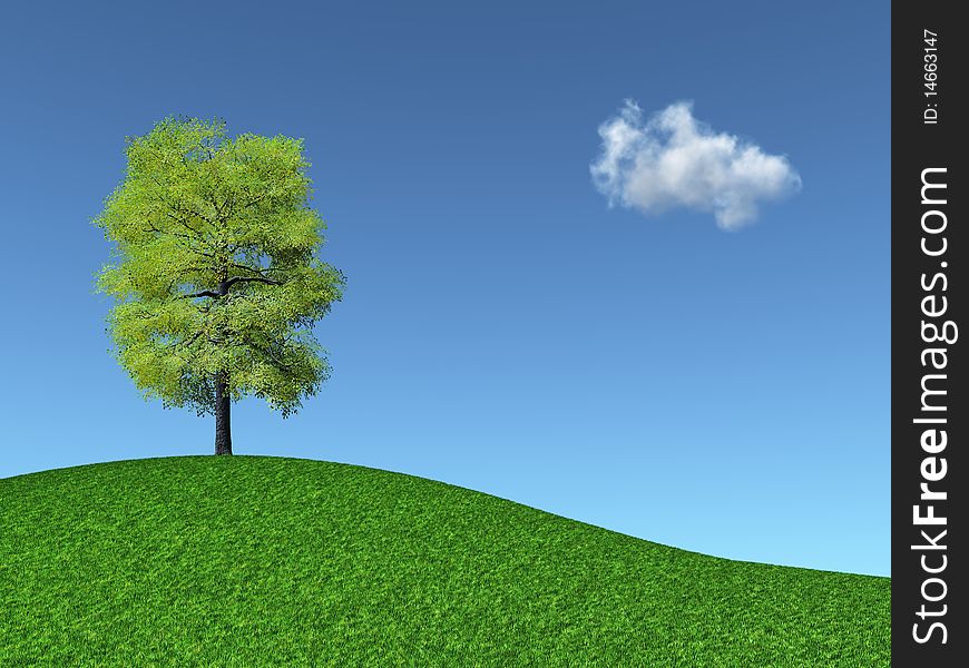 3d render of a tree on a grassy hill
