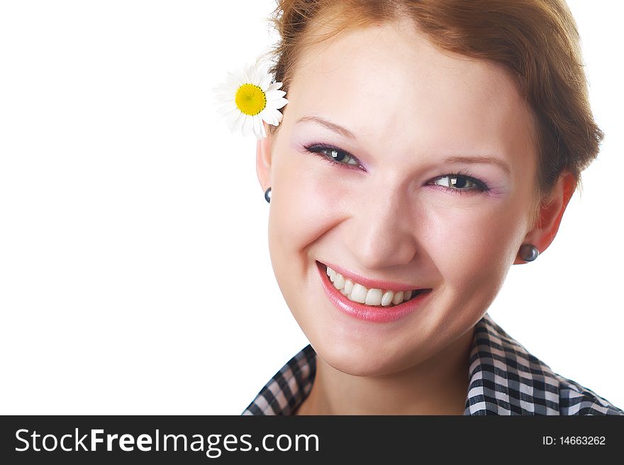 Beautiful young girl with chamomile on a white background. Beautiful young girl with chamomile on a white background