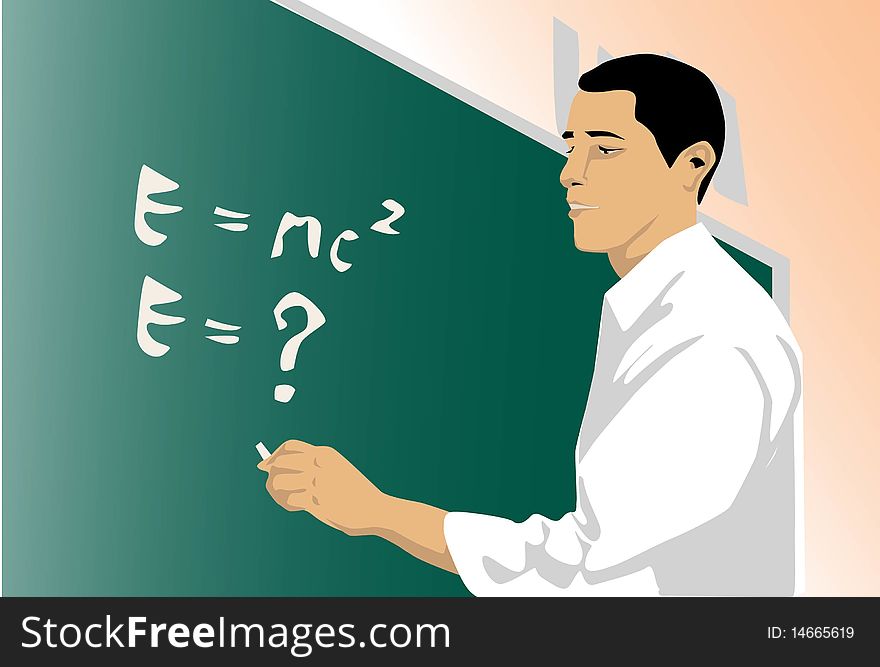 Image of a physicist who is working on his formula on a chalk board. Image of a physicist who is working on his formula on a chalk board.