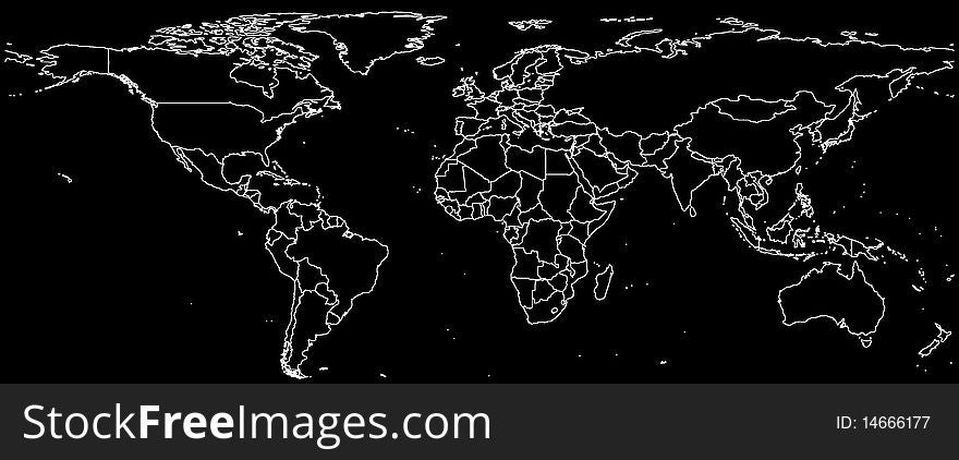 World map of continents on black background