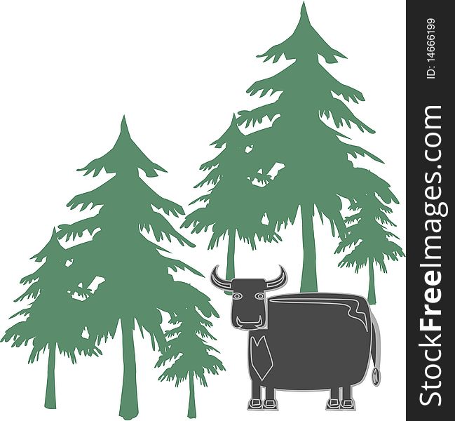 Cow and trees on a white background
