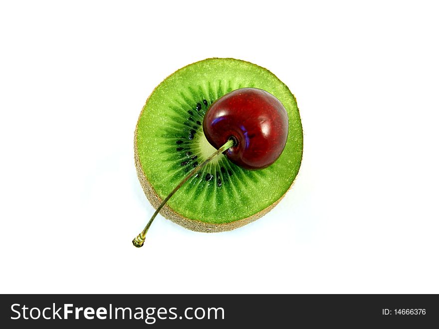 Still-life of kiwi, pear and cherry isolated. Still-life of kiwi, pear and cherry isolated