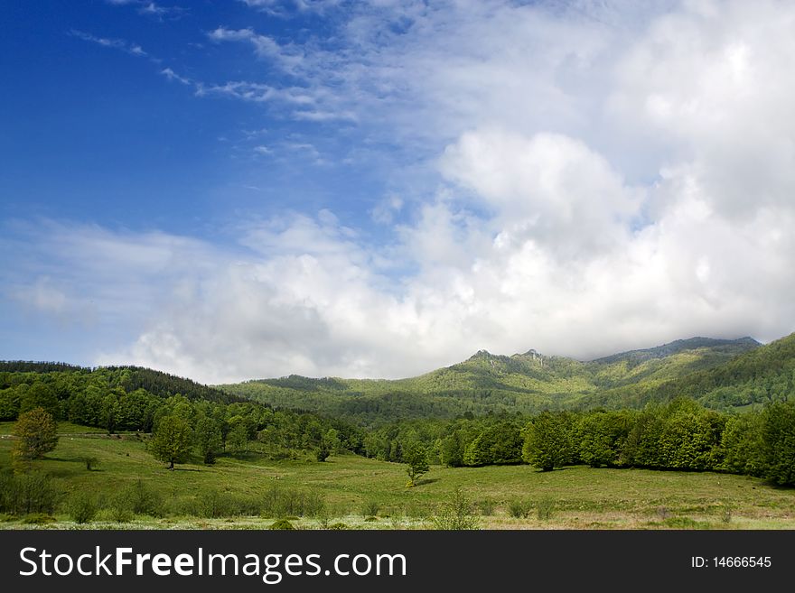 Beautiful green field with blue sky, photo taken in Romania