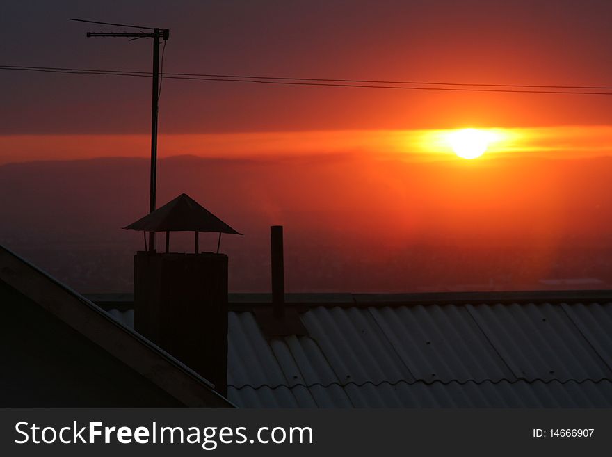 Town sundown on roof of the building