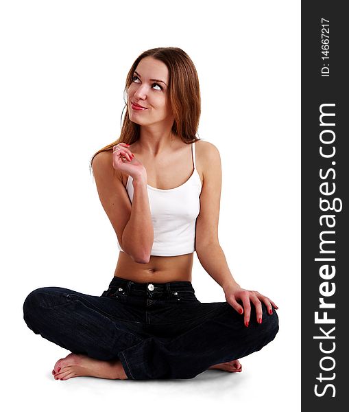 Isolated nice interest woman on jeans and white tanktop. Isolated nice interest woman on jeans and white tanktop