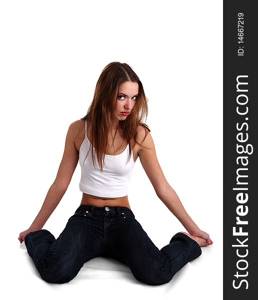 Isolated nice woman on jeans and white tanktop