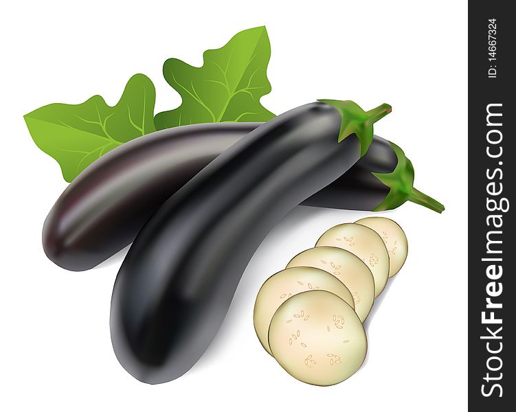 Aubergine with leaves on a white background