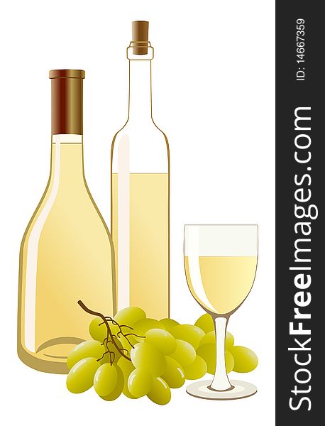 Bottle And Glass With White Wine And Grapes