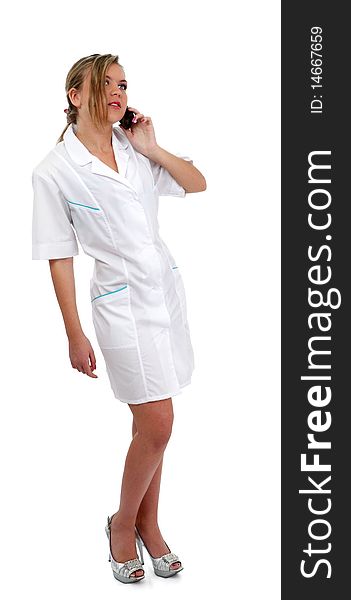 Hospital nice nurse on white smock whith mobile phone