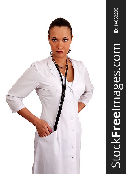 Woman therapeutics doctor with stethoscope on white background
