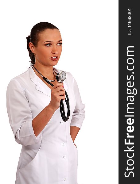 Woman therapeutics doctor with stethoscope on white background