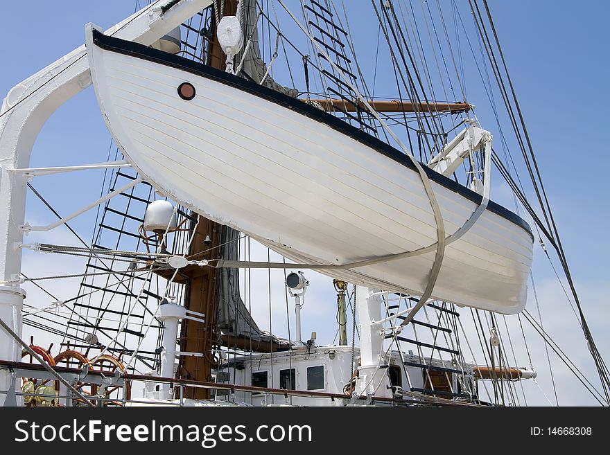 Lifeboat aboard a Portuguese sailing ship in port at San Diego, California, USA. Lifeboat aboard a Portuguese sailing ship in port at San Diego, California, USA