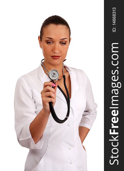 Woman therapeutics doctor with stethoscope on white background