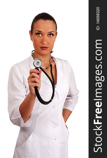 Woman therapeutics doctor with stethoscope on white background