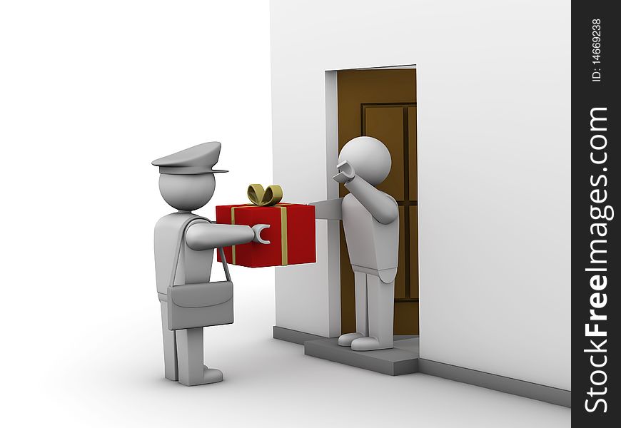 A postman delivers a gift bag. A postman delivers a gift bag