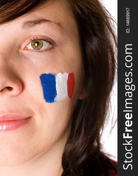 Female half face portrait, french flag on her cheek. Female half face portrait, french flag on her cheek